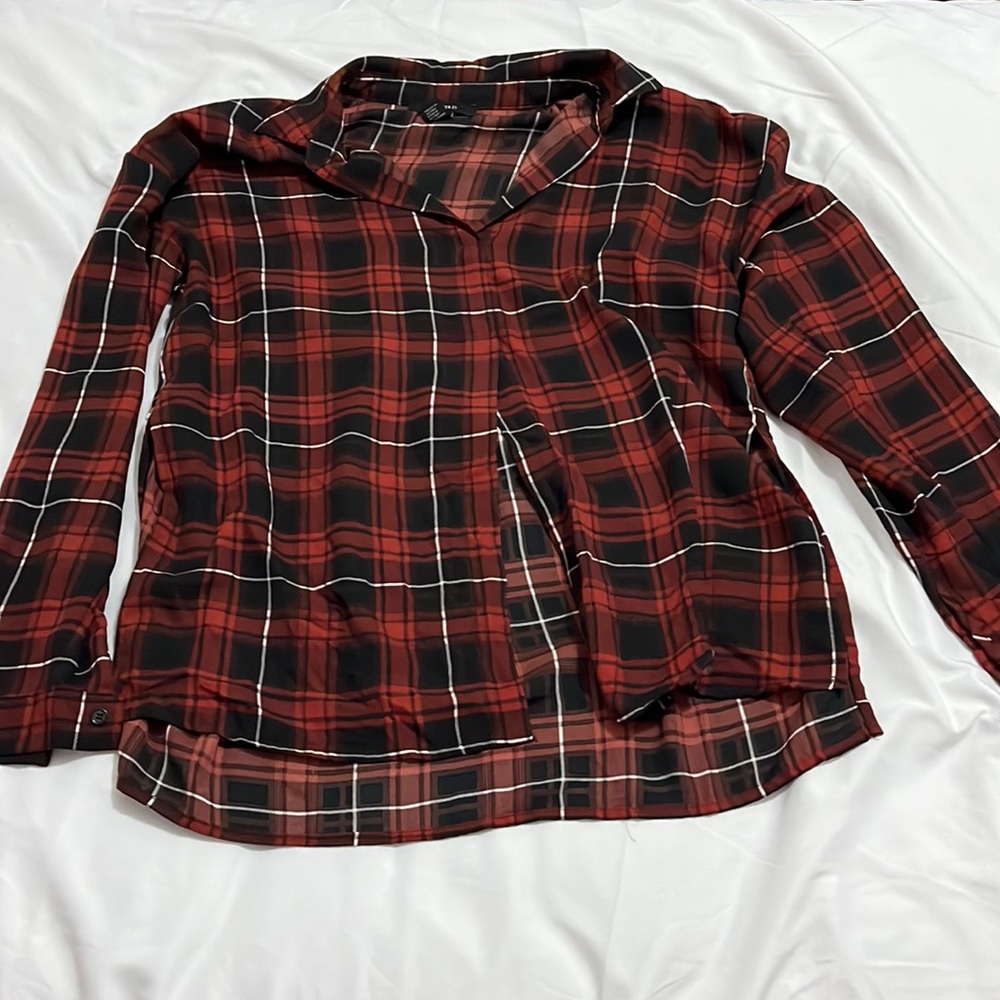 Forever 21 Red Plaid Tie Long Sleeve Top Size Small